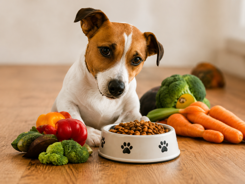cão curioso diante do banquete de legumes