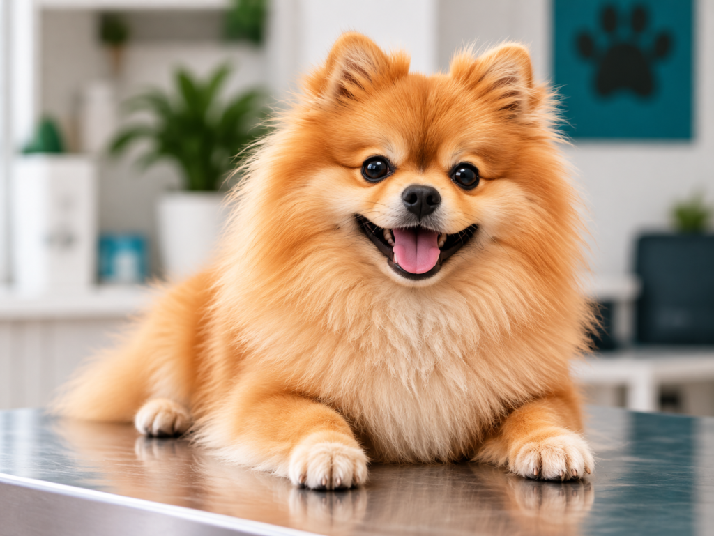 pomeranian feliz na clínica veterinária